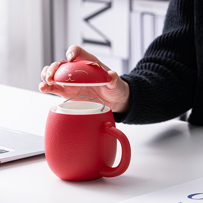 Ceramic Tea Mug 350ML with Infuser and Lid Cute Cat Cup for Home Office-Red