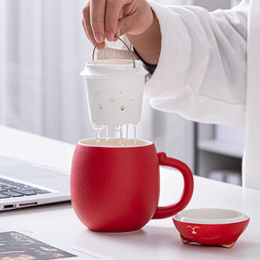 Ceramic Tea Mug 350ML with Infuser and Lid Cute Cat Cup for Home Office-Red