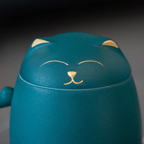 Ceramic Tea Mug 350ML with Infuser and Lid Cute Cat Cup for Home Office-Green