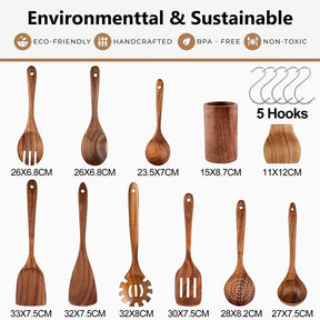 11Pcs Wooden Cooking Utensils Set Wooden Spoons for Cooking with Holder and Spoon Rest