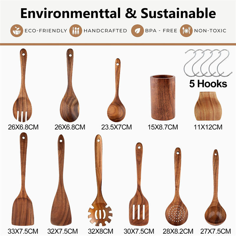11Pcs Wooden Cooking Utensils Set Wooden Spoons for Cooking with Holder and Spoon Rest