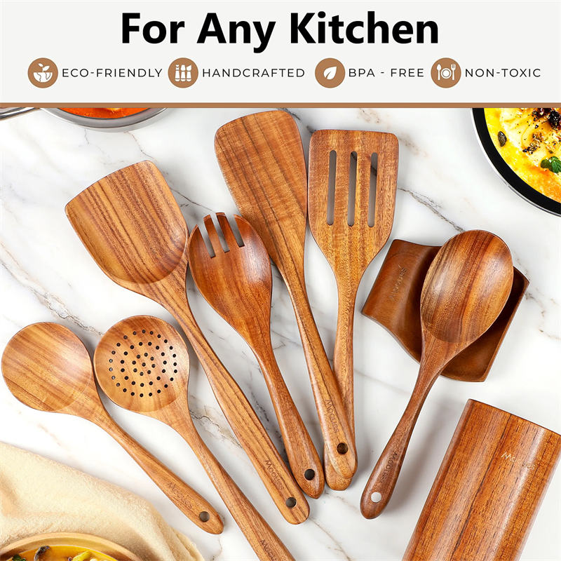 11Pcs Wooden Cooking Utensils Set Wooden Spoons for Cooking with Holder and Spoon Rest