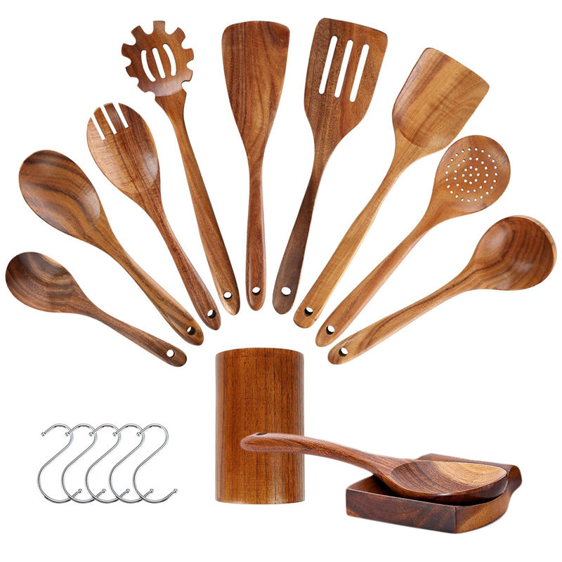 11Pcs Wooden Cooking Utensils Set Wooden Spoons for Cooking with Holder and Spoon Rest