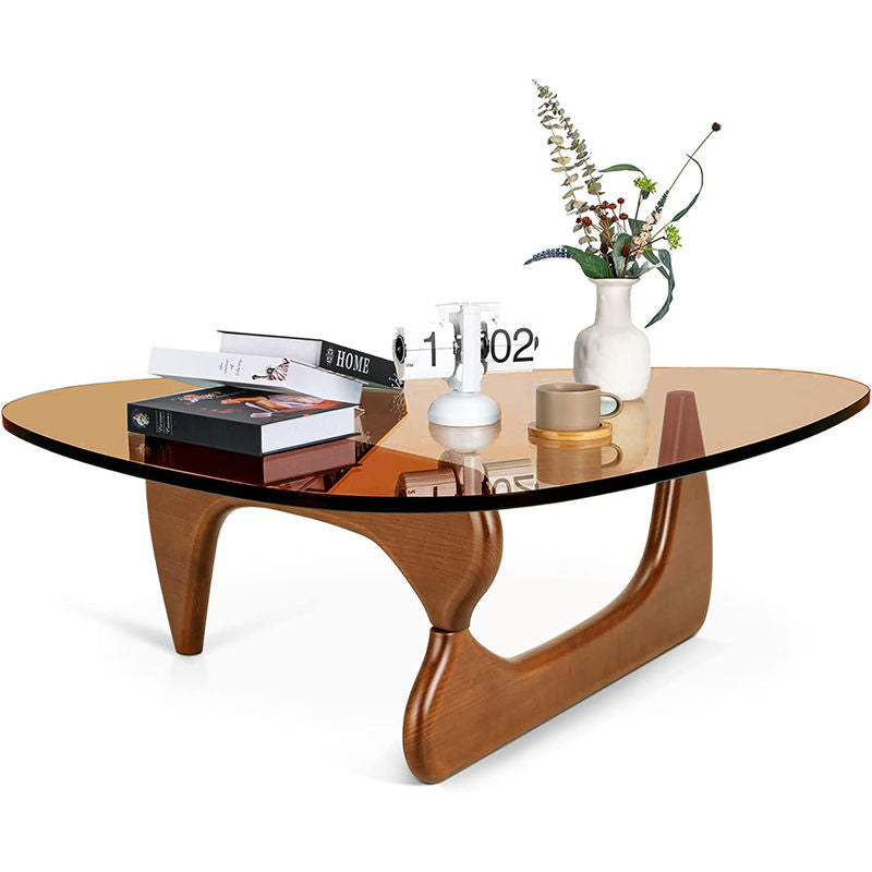 Triangle Glass Coffee Table with Solid Wood Base for Living Room-Tea B
