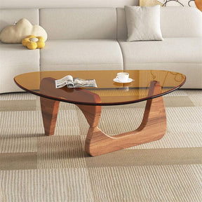 Triangle Glass Coffee Table with Solid Wood Base for Living Room-Tea B