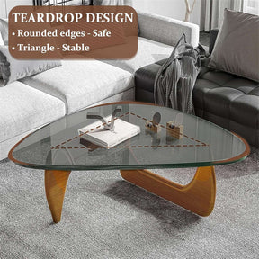 Triangle Glass Coffee Table with Solid Wood Base for Living Room-Grey B