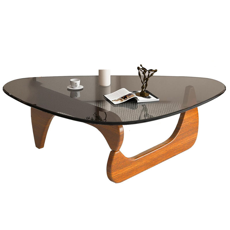 Triangle Glass Coffee Table with Solid Wood Base for Living Room-Grey B