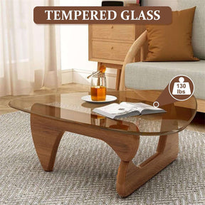 Triangle Glass Coffee Table with Solid Wood Base for Living Room-Tea B