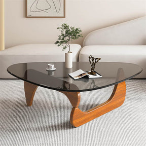 Triangle Glass Coffee Table with Solid Wood Base for Living Room-Grey B