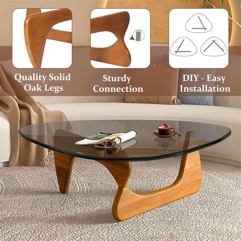 Triangle Glass Coffee Table with Solid Wood Base for Living Room-Grey B
