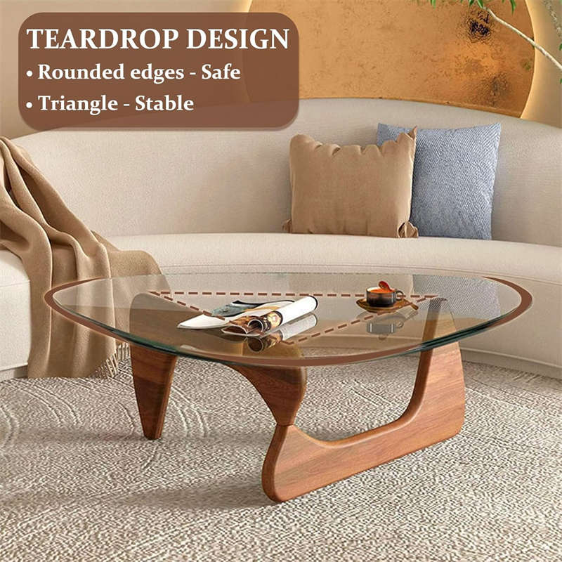 Triangle Glass Coffee Table with Solid Wood Base for Living Room-Clear B