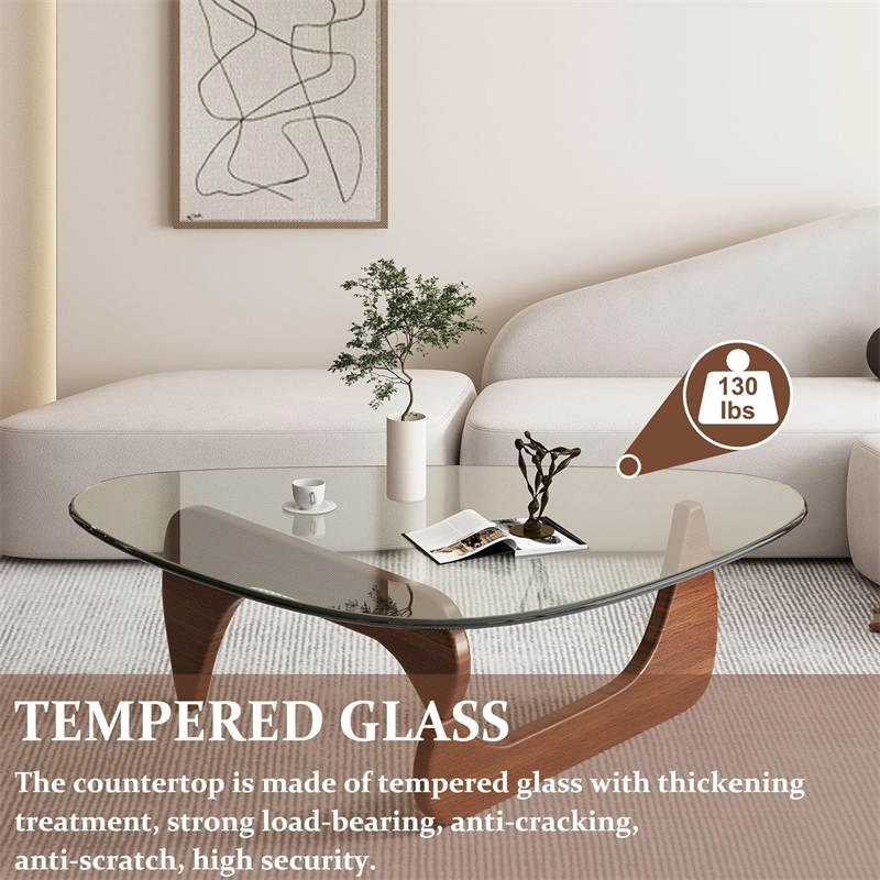 Triangle Glass Coffee Table with Solid Wood Base for Living Room-Clear B