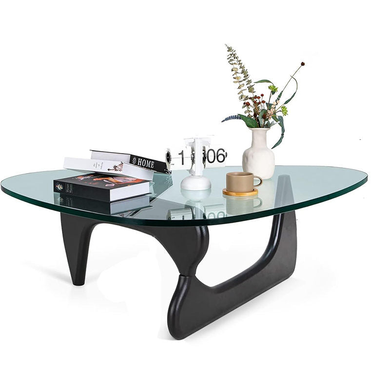 Triangle Glass Coffee Table with Solid Wood Base for Living Room-Clear A