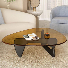 Triangle Glass Coffee Table with Solid Wood Base for Living Room-Tea A