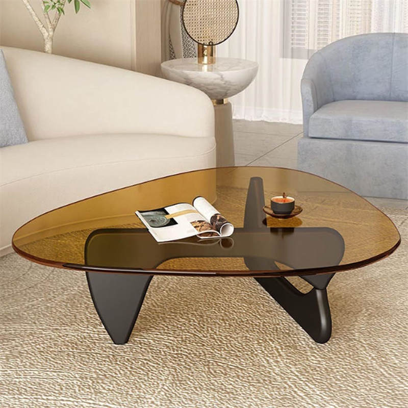 Triangle Glass Coffee Table with Solid Wood Base for Living Room-Tea A