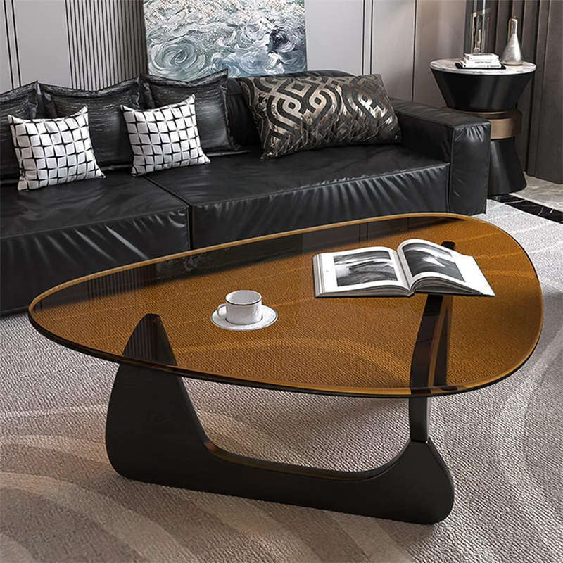 Triangle Glass Coffee Table with Solid Wood Base for Living Room-Tea A