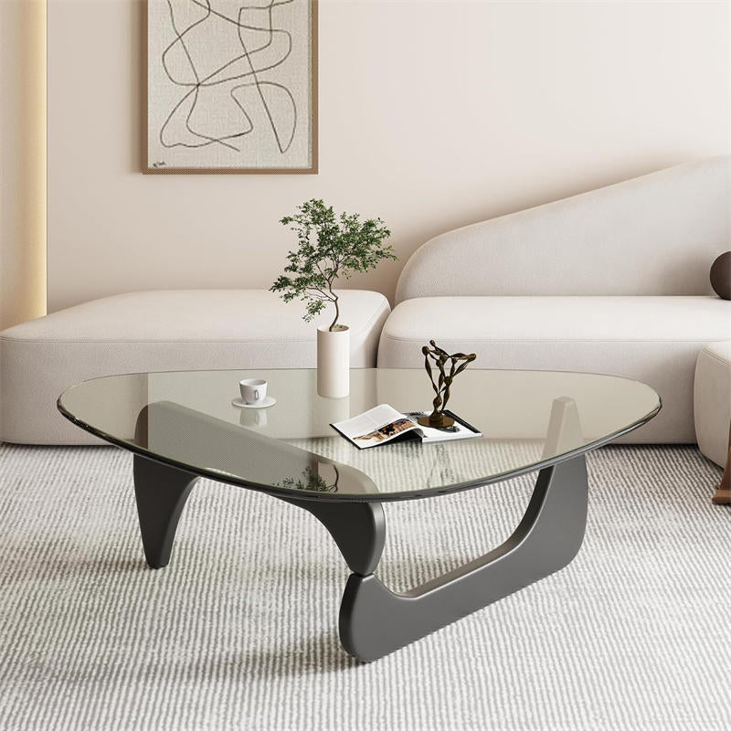 Triangle Glass Coffee Table with Solid Wood Base for Living Room-Clear A
