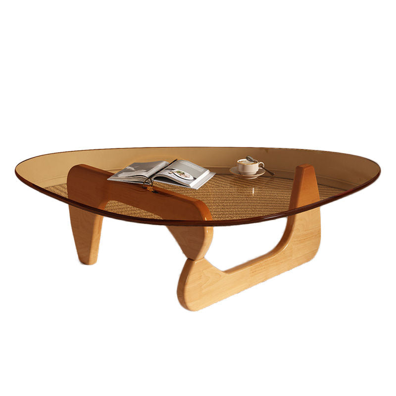 Triangle Glass Coffee Table with Solid Wood Base for Living Room-Tea C
