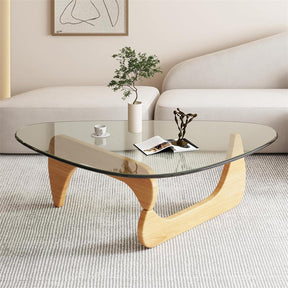 Triangle Glass Coffee Table with Solid Wood Base for Living Room-Clear C