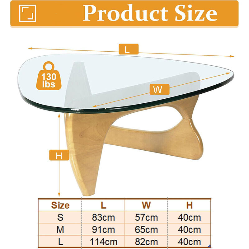 Triangle Glass Coffee Table with Solid Wood Base for Living Room-Clear C