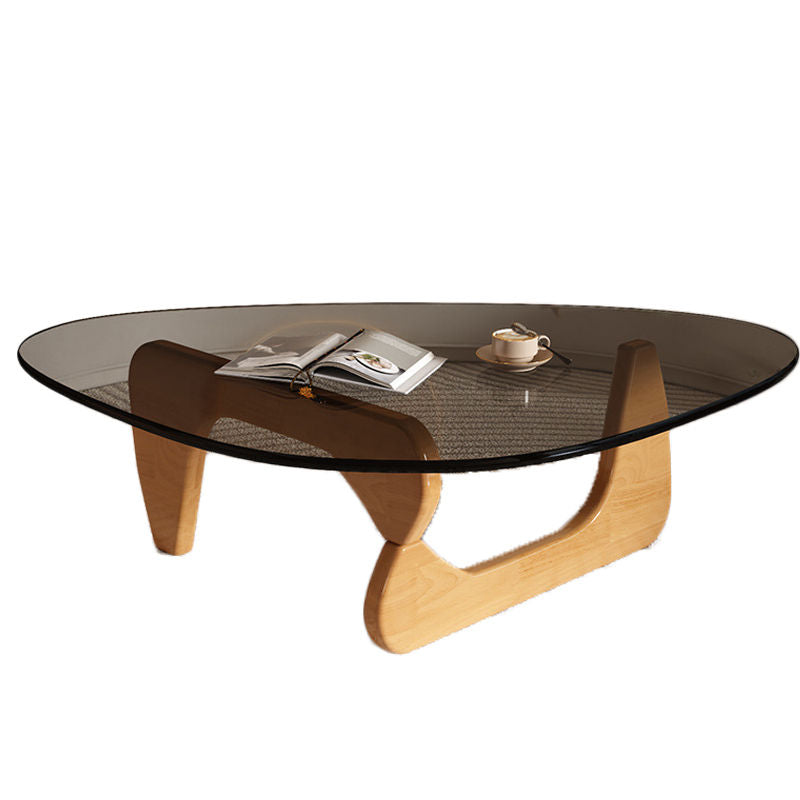 Triangle Glass Coffee Table with Solid Wood Base for Living Room-Grey C