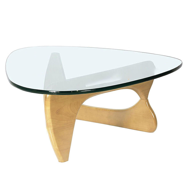 Triangle Glass Coffee Table with Solid Wood Base for Living Room-Clear C