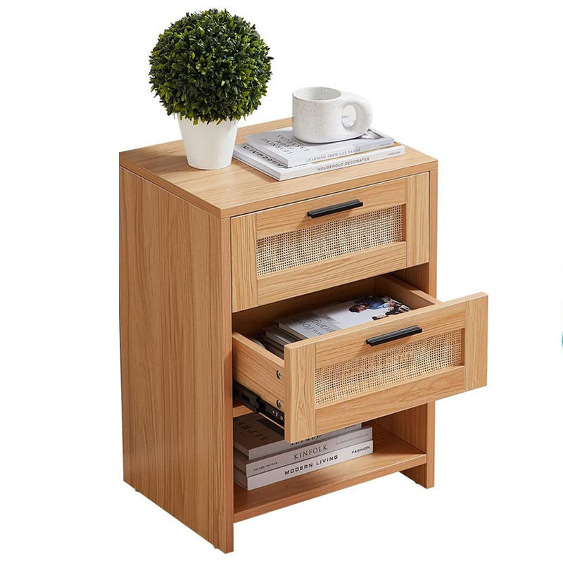 Rattan Nightstand with 2 Drawers & Open Shelf for Bedroom Living Room