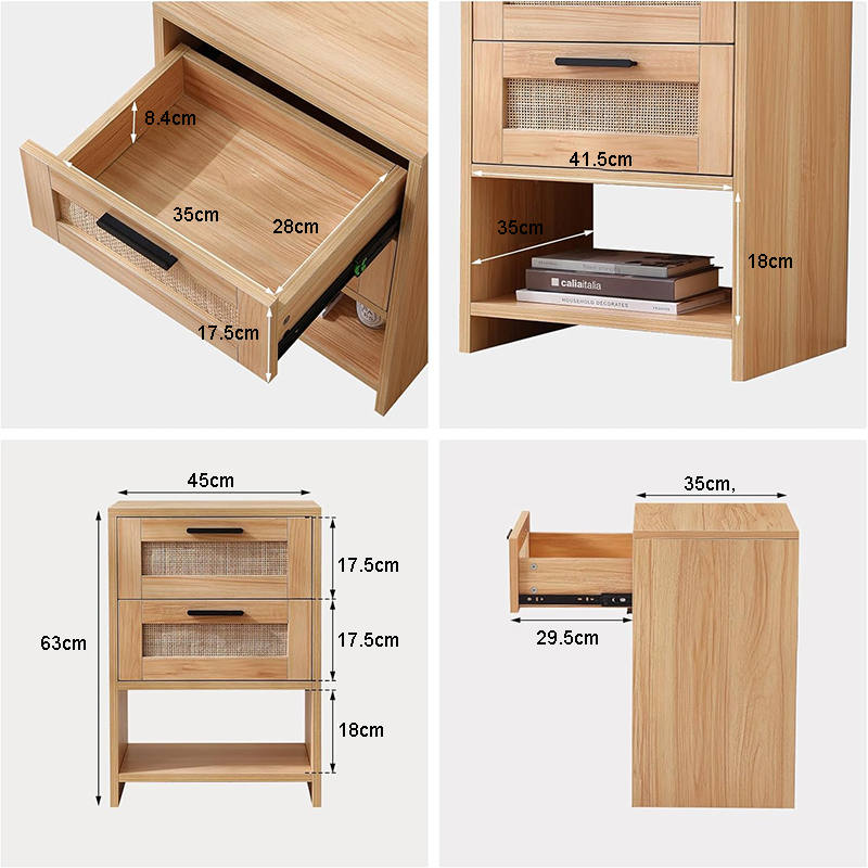 Rattan Nightstand with 2 Drawers & Open Shelf for Bedroom Living Room