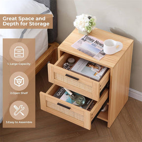 Rattan Nightstand with 2 Drawers & Open Shelf for Bedroom Living Room