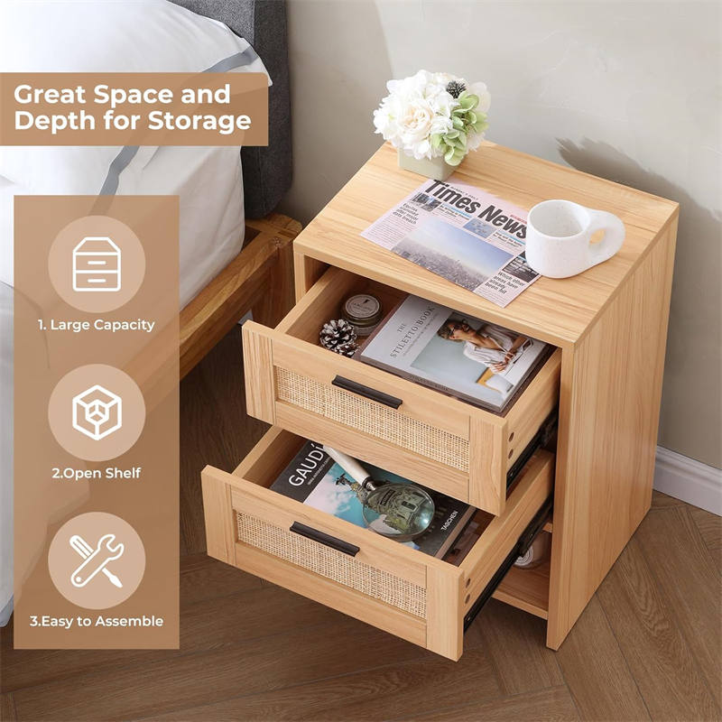 Rattan Nightstand with 2 Drawers & Open Shelf for Bedroom Living Room
