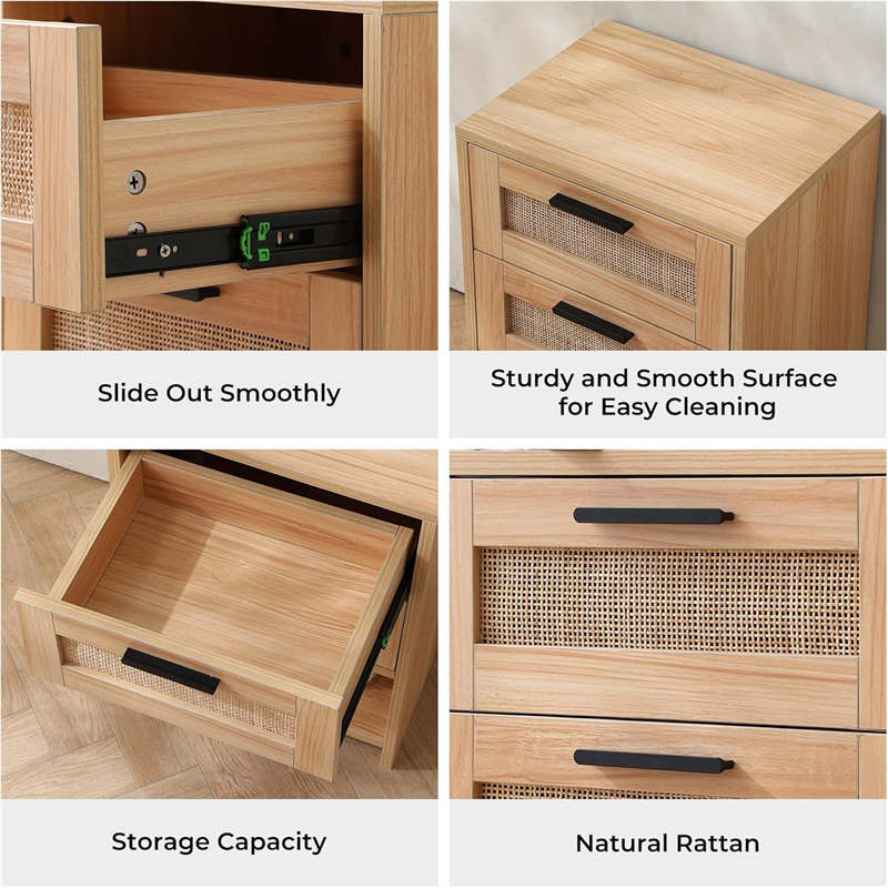 Rattan Nightstand with 2 Drawers & Open Shelf for Bedroom Living Room