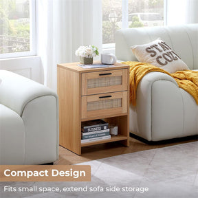 Rattan Nightstand with 2 Drawers & Open Shelf for Bedroom Living Room