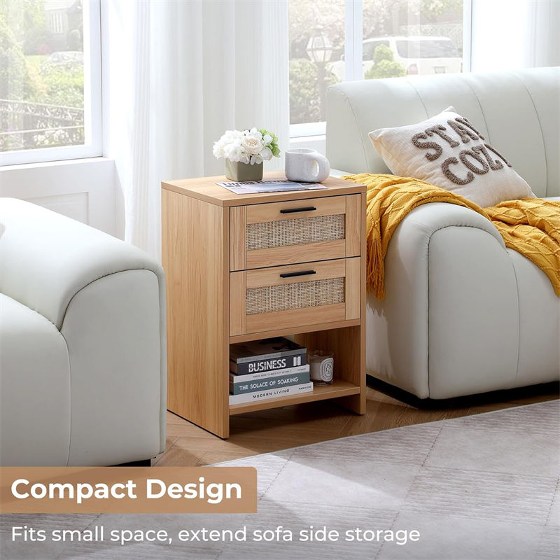 Rattan Nightstand with 2 Drawers & Open Shelf for Bedroom Living Room