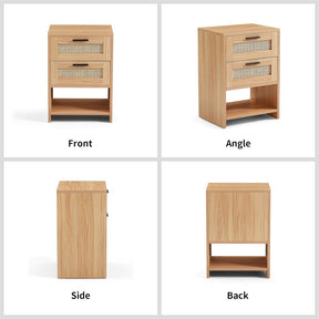 Rattan Nightstand with 2 Drawers & Open Shelf for Bedroom Living Room