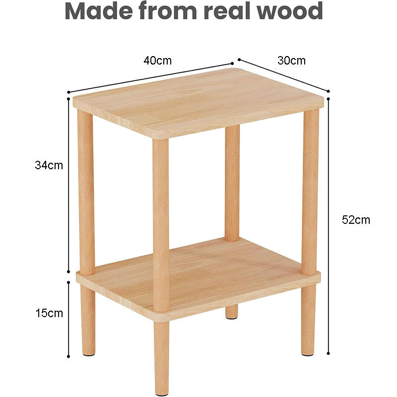 Solid Wood Side Table 2-Tier with Storage Shelf for Small Spaces
