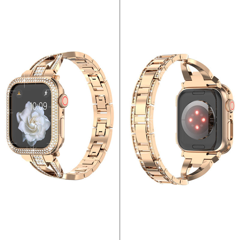 Bling Band Compatible Apple Watch with Case 38 40 42 44mm Rhinestone Cross Straps-Rose Gold