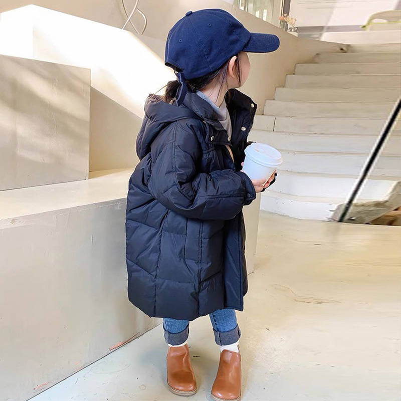 Winter Childrens Hooded Down Coat Mid Length Girls Puffer Jacket Kids 3-9 Years-Black