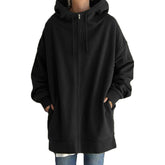 Womens Long Fleece Sweatshirt Simple Full Zip Hoodies-Black