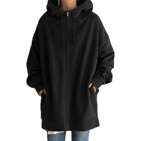 Womens Long Fleece Sweatshirt Simple Full Zip Hoodies-Black