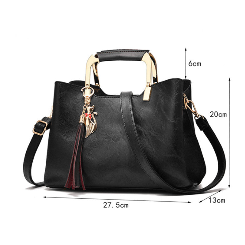 Ladies Leather Vintage Handbag Large Capacity Shoulder Bag-Black