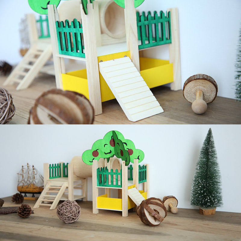 Hamster Wooden Playground Hideout with Tube Fences Ladders-Green