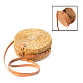 Handwoven Round Rattan Natural Chic Bag Shoulder Leather Straps Summer Beach-Brown