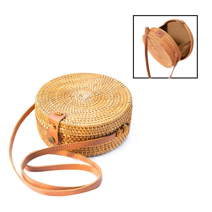 Handwoven Round Rattan Natural Chic Bag Shoulder Leather Straps Summer Beach-Brown