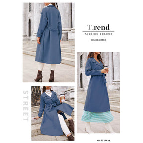 Lookbook Womens Elegant Woolen Coat Mid Length Trench Jacket with Belts-Blue