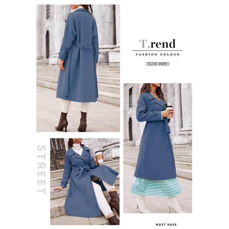 Lookbook Womens Elegant Woolen Coat Mid Length Trench Jacket with Belts-Blue