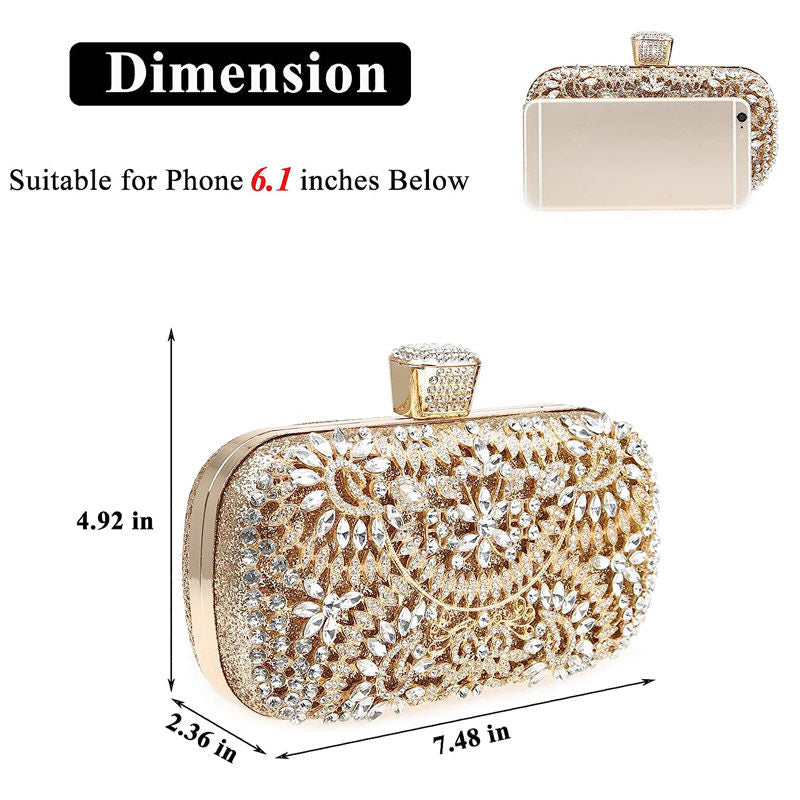 Womens Sparkly Crystal Clutch Bag Bridal Purse Evening Handbag-Gold