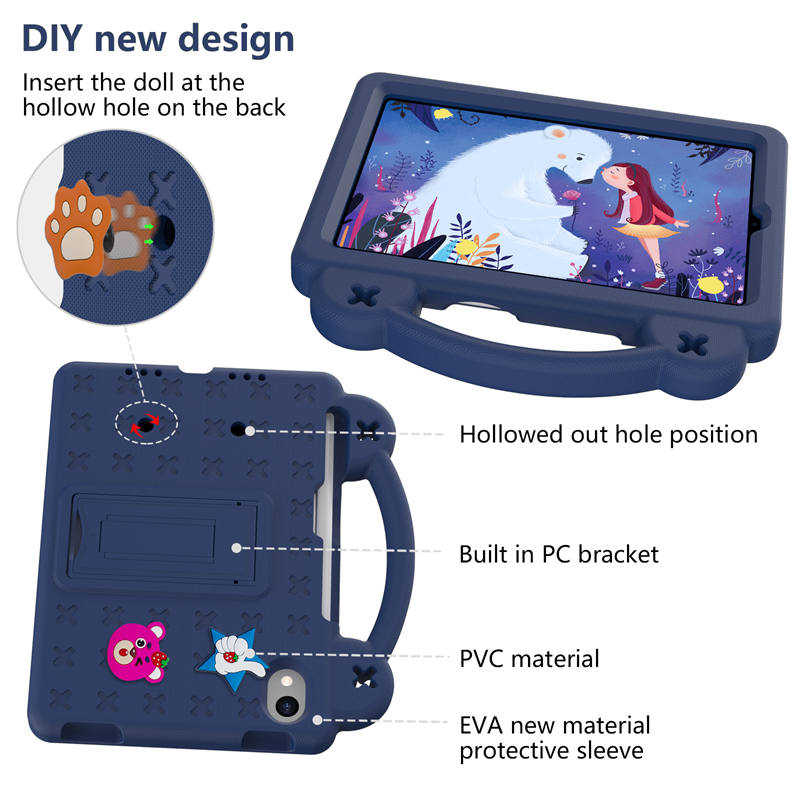 Strawberry iPad Mini 6 Case 8.3 Inch Shockproof Cover with Handle Band Shoulder Strap-NavyBlue