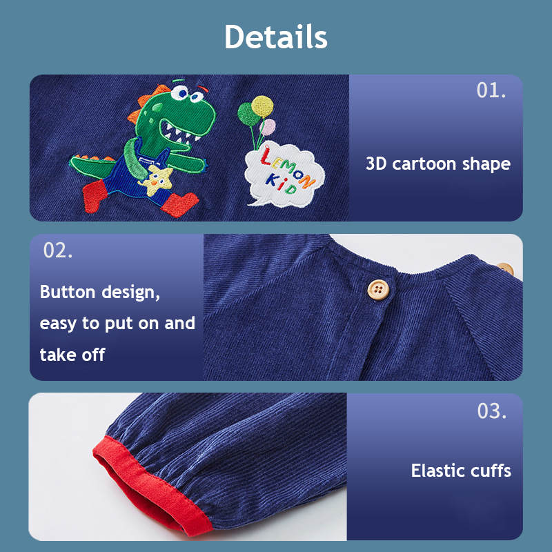 Cartoon Kids Corduroy Smock Detachable Bib for Drawing Cooking-Navy Blue Dinosaur