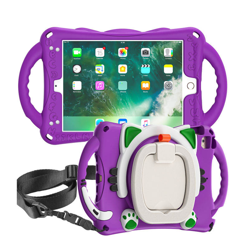 CatB Silicone Case For iPad Mini 5 4 3 2 1 Shockproof Shoulder Strap Handle Stand-Purple
