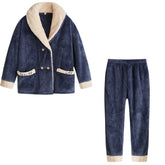 Womens Plush Pajamas Cardigan Set Loungewear-Navy Blue